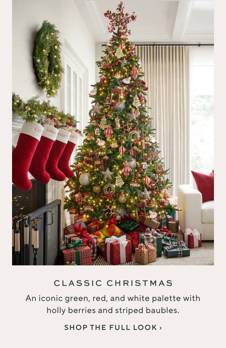 Classic Christmas: an iconic green, red, and white palette with holly berries and striped baubles. Shop the full look.